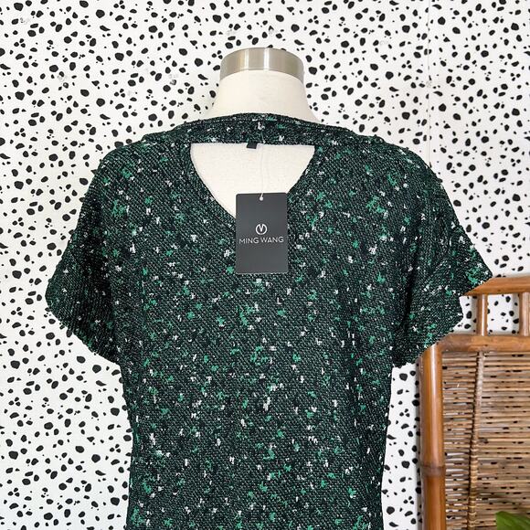 NEW Ming Wang | Tweed Boucle stretch Knit Green Black Cap Sleeve Sheath Dress S - Picture 7 of 11